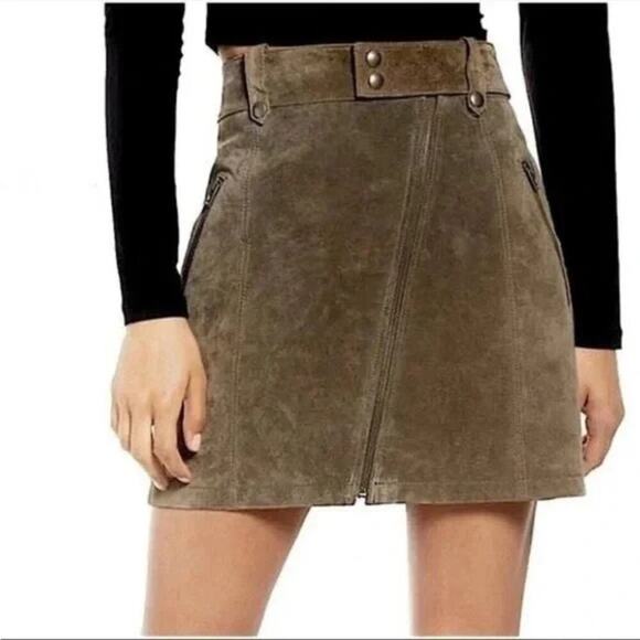 BLANKNYC Suede Leather Moto Mini Skirt Snap Asymmetrical Zip Olive Green Tan NEW - Picture 1 of 7